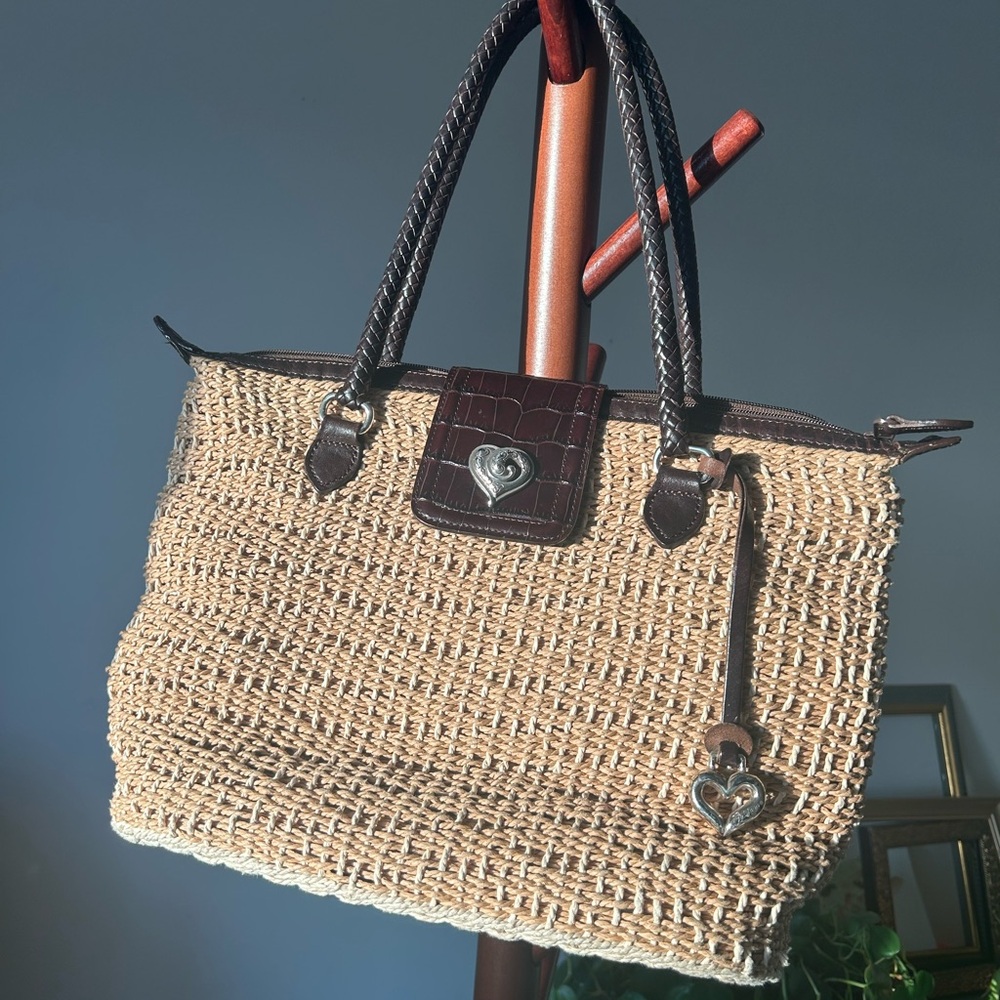 Brighton Straw Tote Bag Leather Trim Heart Charm Woven Raffia Summer Handbag